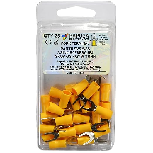 PAPUGA 25PCS 12-10 AWG (4-6 mm2) 1/4" / M6 Narrow Version Insulated Fork Spade Crimp Connector, 600V 48A, CE RoHS Automotive Electrical Crimp Terminal, Appliance & HVAC
