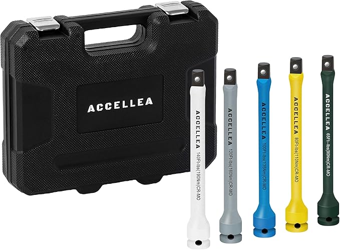 5-Piece Torque Limiting Extension Bar Set, 1/2" Drive, 8" Long, 65-140 Ft-lbs, CR-MO, SAE Standard, Color-Coded Impact Socket Extension Bar Set with Storage Case, for Tire Repair & Drills