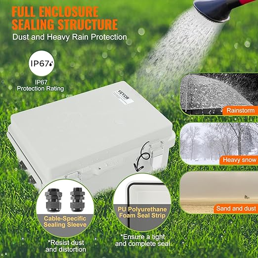 VEVOR Weather-Resistant Junction Box, Dimensions: 16.93x12.99x7.09 inches, Crafted from ABS Plastic with a Secure Hinged Lid and Stainless Steel Lock, IP67 Rated for Ultimate Dust and Water Protect