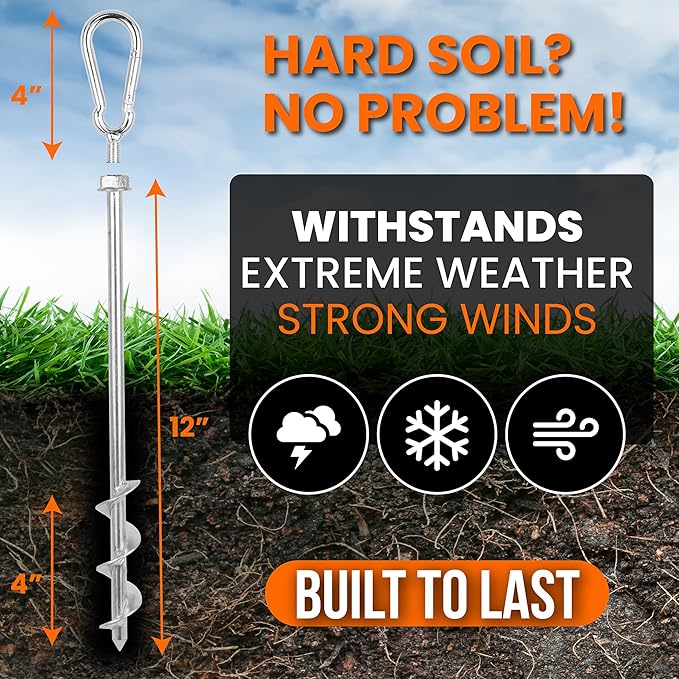 Earth Anchors - Heavy Duty Screw in Ground Stakes with Swing Carabiners - 12" Set of 4 with Drill Bit - Tent Stakes for Camping & Awning Canopy Anchor