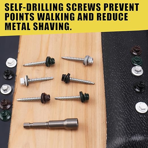 250pcs #10 x 1-1/2" Green Hex Head Self-Drilling Metal Roofing Screws, EPDM Washer, Colored Head, Sheet Metal Roof Screw with Hex Driver Bit