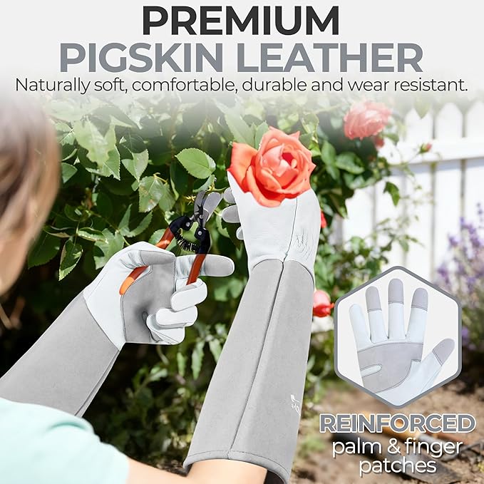 HANDLANDY Long Gardening Gloves for Men & Women, Thorn Proof Rose Pruning Gloves Leather Gauntlets Garden Glove Yard Work Glove (Silver Gray, Medium)
