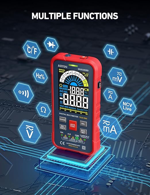 AstroAI Multimeter Tester 10000 Counts TRMS Auto-Ranging Color LCD Screen Digital Volt Meter, Fast Accurately Measures Voltage Current Amp Resistance Continuity Duty-Cycle Capacitance Temperature