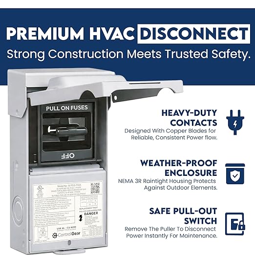 60 Amp Pullout FUSIBLE Disconnect Switch, ControlGear Brand 240V NEMA 3R Outdoor Metallic Enclosure for HVAC Systems, UL Certified, Single Phase Two Wire (fuses NOT Included)