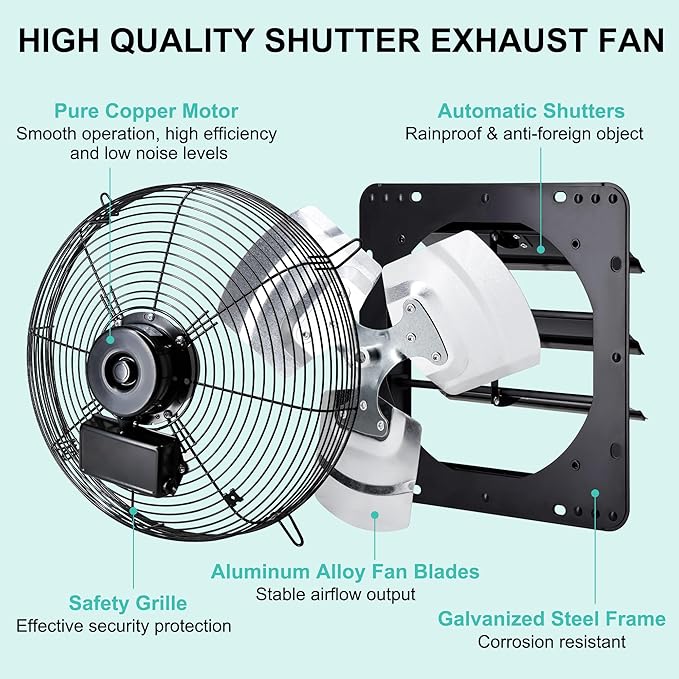 14 Inch Shutter Exhaust Fan, Wall Mount Attic Fan with Power Cord for Greenhouse, Shed, Garage, Barn, Chicken Coop Ventilation, 1088 CFM, Black