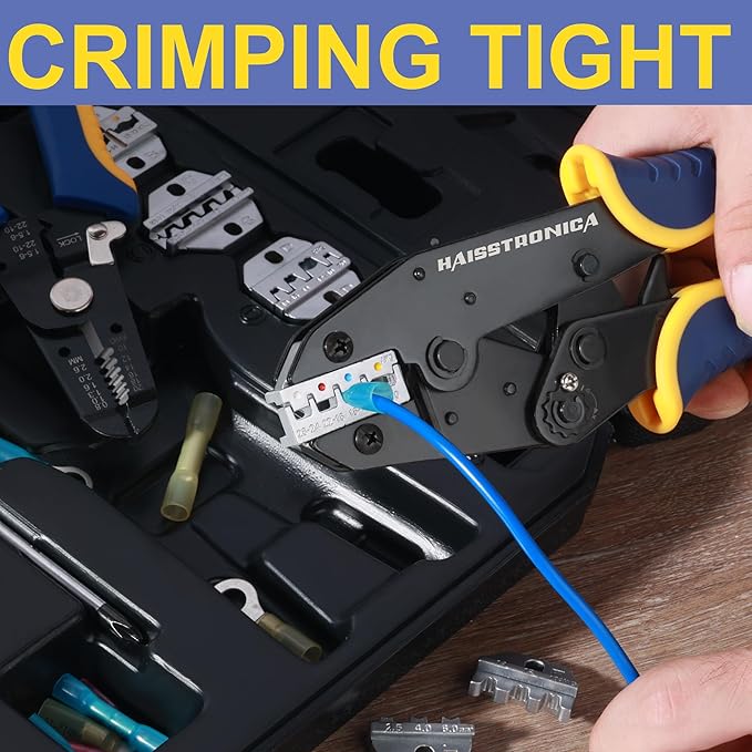 haisstronica Crimping Tool Set - 6PCS Crimping Die for Heat Shrink,Insulated Nylon,Non-Insulated,Ferrule Wire End,Open Barrel Terminals,Solar Connectors - with Wire Stripper Tool and Screwdriver