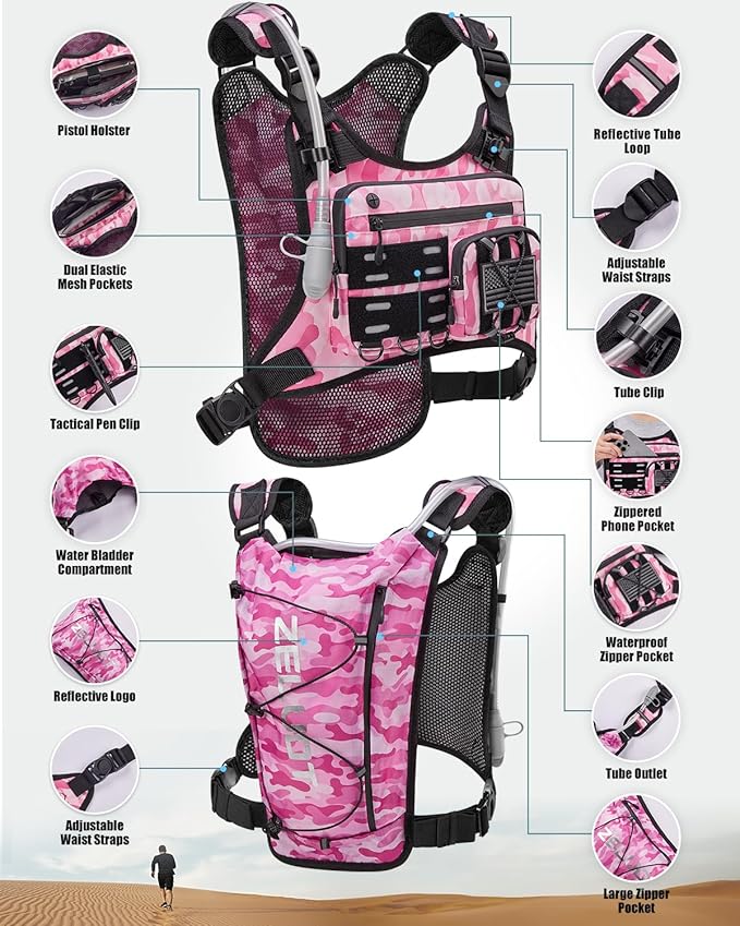 Running Vest with 2L Water Bladder, Hydration Backpack, USA Original Patent, Lightweight Hydration Pack with Gear Holder, Reflective Chest Pack for Men Women for Marathon