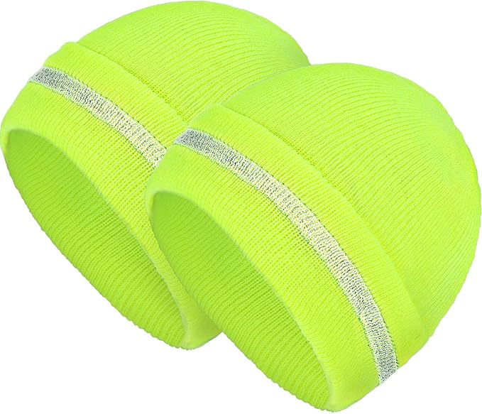 Geyoga 2 Pack Reflective Beanie Hat, High Visibility Knit Beanie with Reflective Strip, Night Running & Outdoor Work Safety