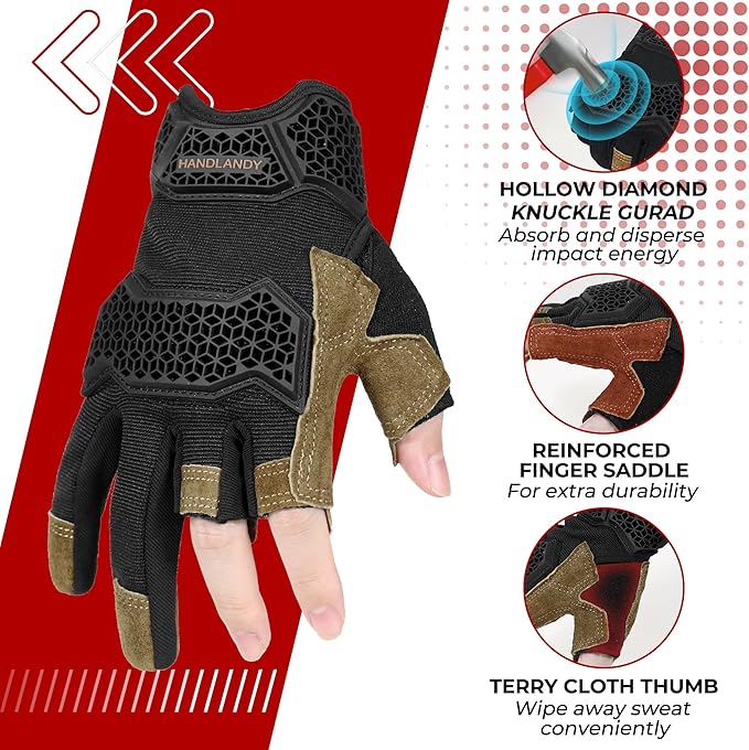 HANDLANDY Fingerless Work Gloves for Mens & Women, Uwrist Half Finger Shock-Absorbing Breathable Glove