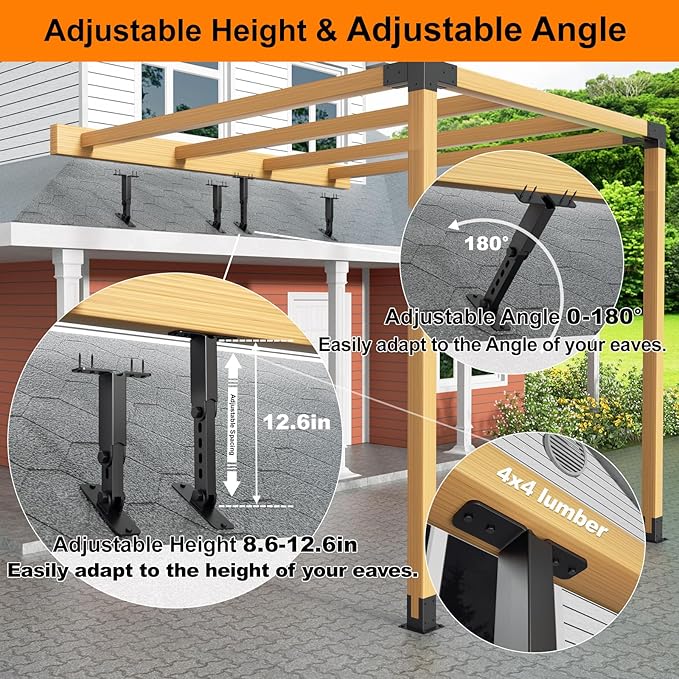 Heavy Duty Roof Riser Brackets Kit, TROPTOLKY Adjustable Height Angle Pergola Brackets, Black Metal Roof Riser Beam Bracket for Roof Pergola Gazebo Patio Cover (3 Pack)