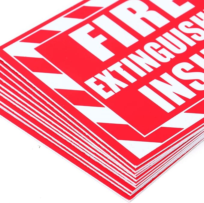 Fasmov 10 Pack Fire Extinguisher Inside Sticker Sign, 5" x 4" Self-Adhesive Vinyl Decals, Weatherproof & UV Protected for Cars, Trailers, Rv's, Trucks and Vehicles, Red on White