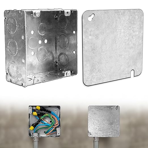 4-11/16” Square Electrical Box and Cover Kit, UL Listed Welded Metal Junction Box, 2-1/8” Deep, 42 Cu in, Flat Blank Cover with Keyhole and Slotted Mounts