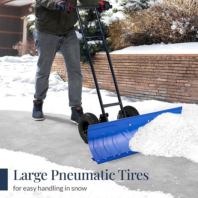 Best Choice Products 36in Galvanized Blade Heavy-Duty 2-Wheel Snow Pusher Hand Plow for Snow Removal w/Wheels, Adjustable Handle, Blade Angle - Blue