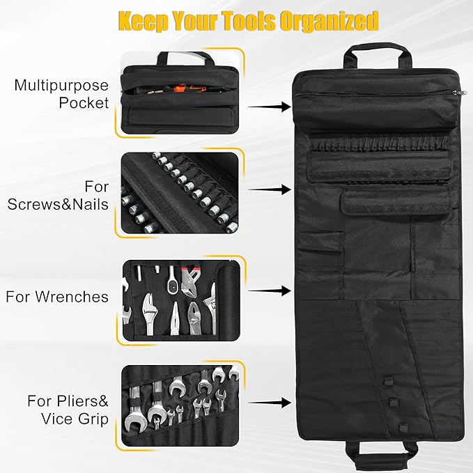Tool Bag,Large Roll-Up Tool Bag Organizer with 28 Pocket Organizer, 34 Socket Slots, Heavy Duty Portable Tool Storage Carrier Bag for Men,Mechanic,Electrician & Hobbyist,Black