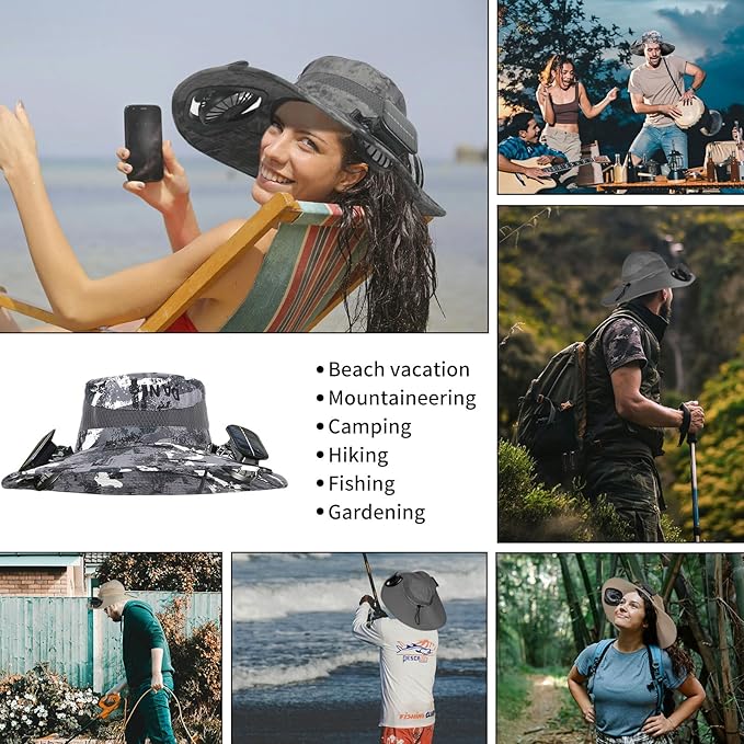 Wide Brim Outdoor Solar Fan Hat, UPF 50+ Fishing Hat for Man with 2 Solar Fan, 3 Modes 180°Rotating Fan Hats
