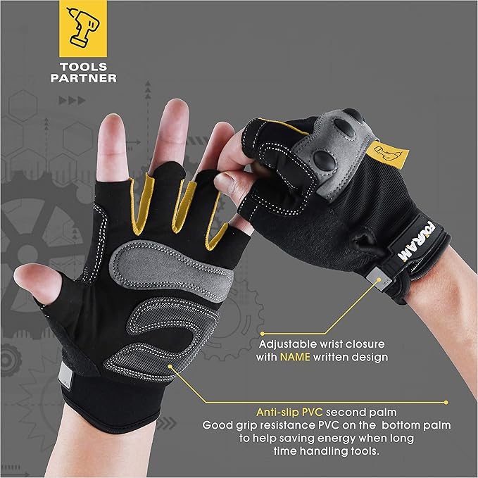 FOUR-AM Work gloves Men Fingerless Mechanic Gloves Shock-Grip, Anti-Collision For Men Women