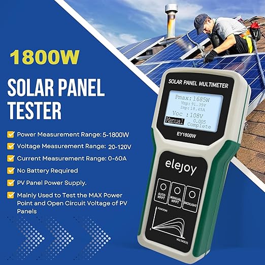 EY1800W Solar Panel Tester Multimeter, DC/AC Solar Panel Watt Meter, Photovoltaic Panel Solar Power Tracker, Auto & Manual MPPT Open Circuit Volt Current Troubleshoot Utility Tool Backlit LCD Display