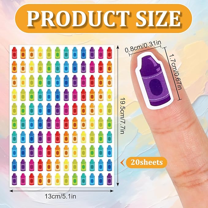 JarThenaAMCS 2400Pcs Back to School Mini Sticker Small Crayon Paper Decals Colorful Self-Adhesive Stickers for Classroom Envelopes Scrapbook Gifts DIY Supplies, 0.3 x 0.7 in