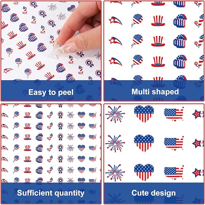 JarThenaAMCS 2400Pcs Patriotic Mini Sticker Star Heart American Flag Paper Decal 4th of July Adhesive Sticker for Independence Day Planner Reward Envelope Scrapbook DIY Supplies, 0.5 in