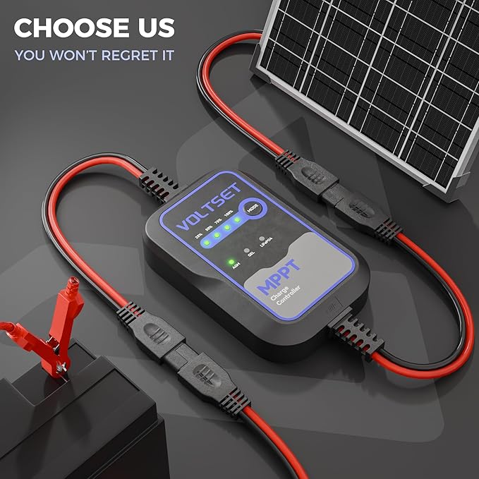 Voltset MPPT Solar Charge Controller : IP65 Waterproof - Display for Gel AGM Lead-Acid Lithium LiFePO4 Battery - Used in RV Marine Camper Van Truck Trailer (Mppt Solar Charge Controller use Below 50W)