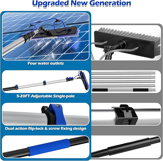 26Ft Reach Solar Panel Cleaning Brush Kit with 5-20ft Telescoping Pole - Telescopic Extension Pole with Dual Action Flip-Lock & Screw Fixing Design, Ideal for Snow Removal, Windows, Boats, RVs, Decks