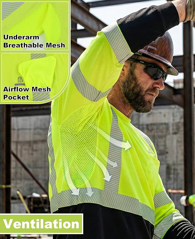 BOCOMAL Reflective FR Shirts High Visibility Summer Vented Mesh Long Sleeve Crewneck Lightweight Flame Resistant Workwear