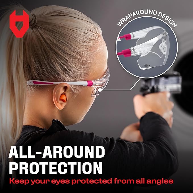 NoCry Safety Glasses with Clear Anti Fog Scratch Resistant Wrap-Around Lenses and No-Slip Grips, UV Protection. Adjustable, White & Pink Frames (10 pack)