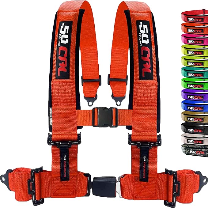 1pc 4 Point Harness for Bucket Seat, Push Release, 10 Color Options, Racing Harness, Race Car, Off Road, UTV, RZR (2in Orange)