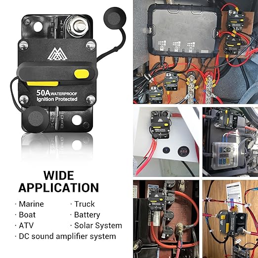 50Amp Circuit Breaker for Trolling Motor Marine Boat ATV Vehicles Stereo Audio Solar Battery System with Manual Reset Inline Fuse with 1/4" M6 Screw Stud DC IP67 Waterproof 12-48V