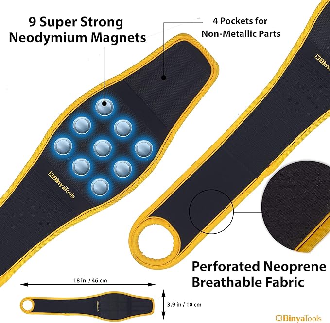 BINYATOOLS Magnetic Wristband for Tools Gift for Him Magnet Screw Holder Wrist Support Keeps Screws Nails Drill Bits Handy Unique Tool Gadgets for Men's & Dad (BLACK)