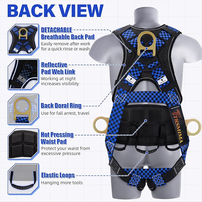 TRSMIMA Safety Harness Fall Protection - Datachable Pad Roofing Fall Arrest Safety Harness Construction Phone Pocket Reflective Strap Friendly Night Work ANSI