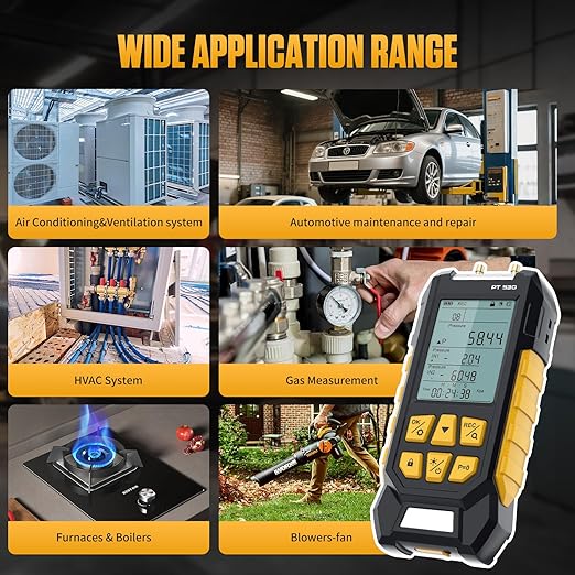 PT530 Manometer Gas Pressure Tester,HVAC Dual-Port High-Pressure Manometer Range of -100 to 300 KPa, 10 Units, Data Lock & Storage with Magnetic Back, Backlit Display,7 Adapters.