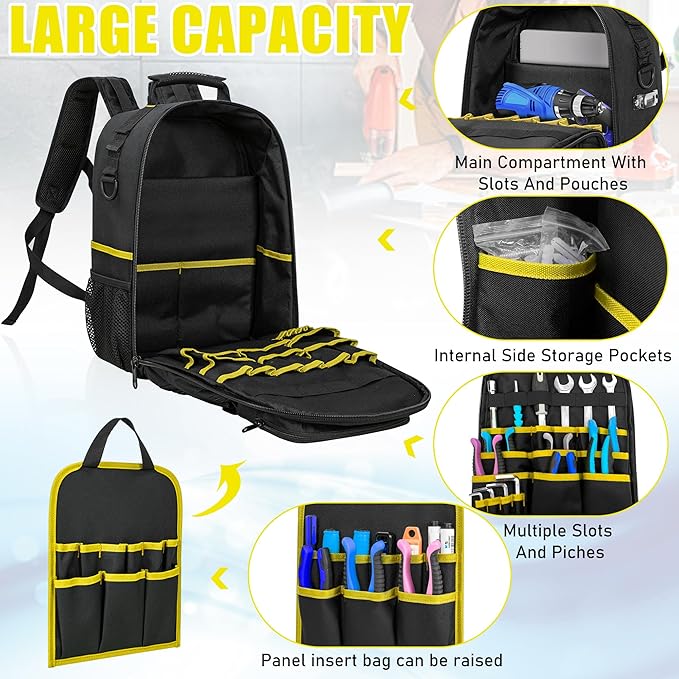 Tool Backpack, Heavy Duty Tool Bag with Padded Shoulder and Removable Tool Organizer, Water-Resistant Work Backpack, for Electrician, Plumber, HVAC, Cable Repairman, Black & Yellow