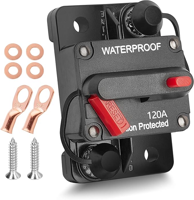 RED WOLF 120 AMP Car Circuit Breaker w/Manual Reset Switch Inline Fuse Holder Inverter for Motor Trolling Vehicles Audio Radio Solar System Protection 12V-48V DC with Wire Lugs Copper Washer Screws