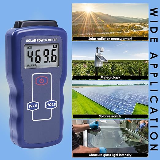 Solar Power Meter Digital Solar Meter, Solar Irradiance Meter for Solar Energy Testing, Solar Transmission Meter with Accuracy Drift<1.5%/Year&Btu/(ft2-h)& W/m² Units for Meteorology Sun Measurement