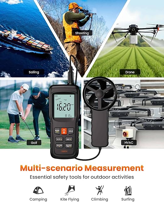 5-in-1 Split Anemometer for Wind Flow, Speed, Temp, Level, Windchill, YOWEXA Air Flow Meter with Big Backlit Screen, Wind Meter Supports Data Storage, Tripod Socket for HVAC Drone Sailing Hunting