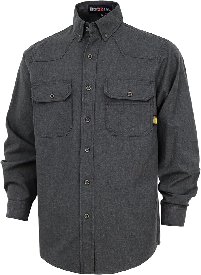 BOCOMAL FR Shirts Button Down Dura-Light 6.5 oz Soft Heather Series Utility Chest Pockets Flame Resistant Work Shirt CAT2