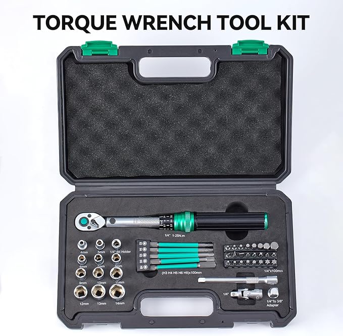 1/4" Bike Torque Wrench Set 45-Piece, 1-25 Nm, ±3% Accuracy - Fine 72-Tooth Head, Multi-Bit Drive Set, Sockets - Portable Bicycle Repair Tool Kit for Road/Mountain Bike, MTB, Cycling Maintenance
