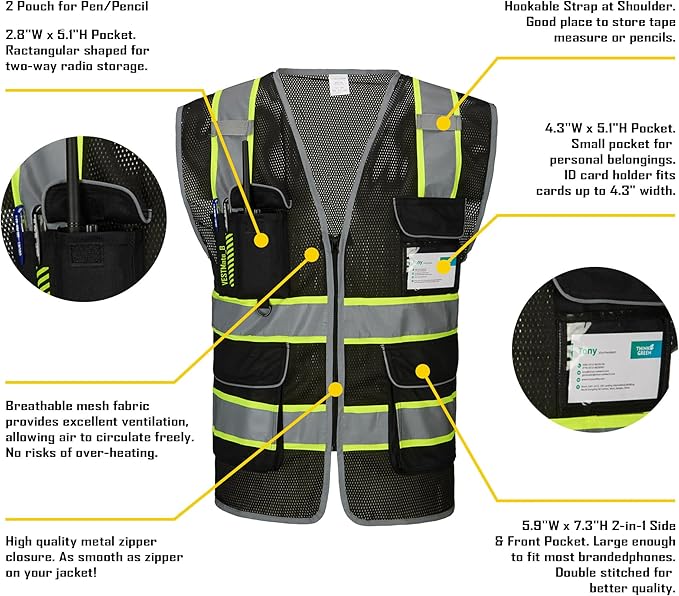 COOLJOB 9 Pockets Reflective Mesh Safety Vest for Men, Hi-vis Work Vest for Construction, Class 2 ANSI Standard, Orange