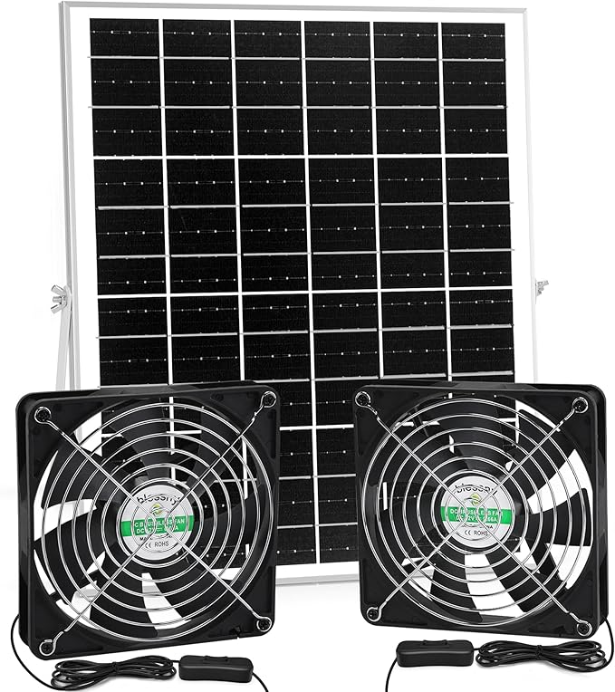 5.5" Solar 2 Fan Kit for Intake or Exhaust air, Weatherproofed Solar Powered Fans for Outside Chicken Coops, Greenhouses, Shed, Pet House Air Ventilation