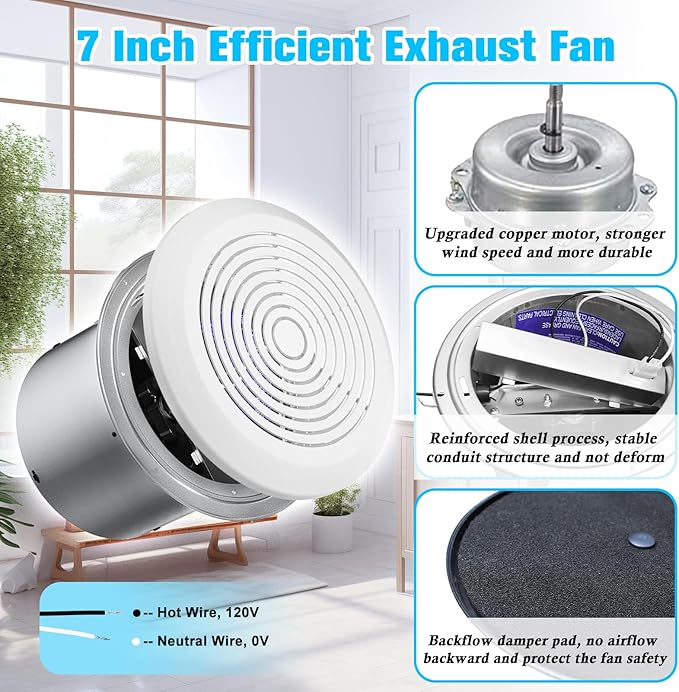V2262-50 7 Inch Bathroom Exhaust Fan, 1.0 Sones, 50 CFM Ceiling Exhaust Fan, for 8" Opening, Quiet Effective Ventilation for Bathroom, Laundry Room, Kitchen, Mobile Home
