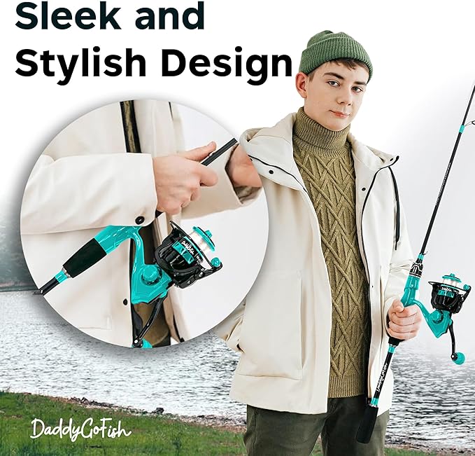 DaddyGoFish Spinning Fishing Rod and Reel Combo Set with Tackle Box | Kids Fishing Pole | Carbon Fiber Telescopic Fishing Rod Kit | Spinning Reel for Travel Saltwater Freshwater Fishing Gear Kit