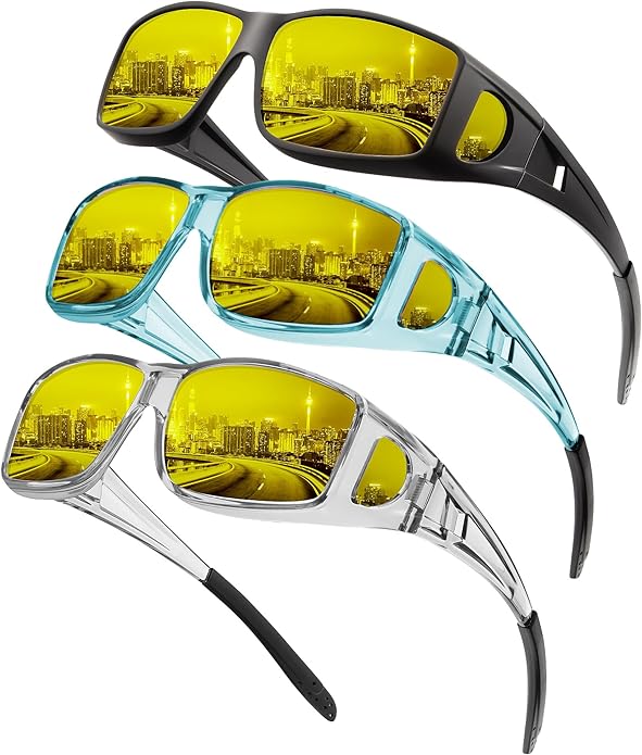 KALIYADI Night-Vision-Glasses Fit-Over-Glasses Wrap-Around Glasses: Anti Glare Night Driving Glasses for men women HD Lens