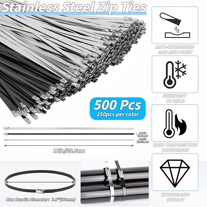 500PCS Metal Zip Ties, Silver Black 12 Inch Heavy Duty Metal Zip Ties, Multi-Purpose Self-Locking Cable Tie for Vehicles Farms Plants Fences Pipe Bundling
