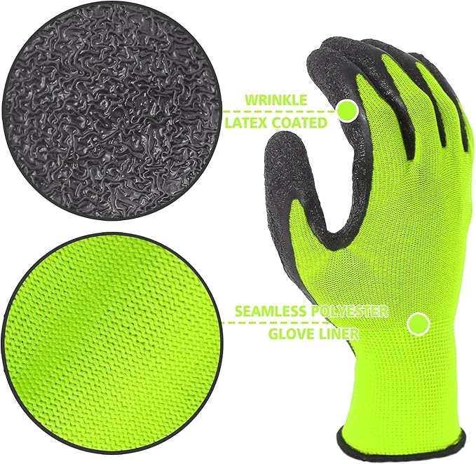 Evridwear Crinkle Latex Rubber Hand Coated Safety Work Gloves for Men Women General Multi Use Construction Warehouse Gardening Assembly Landscaping,Green Large 120 Pairs Pack