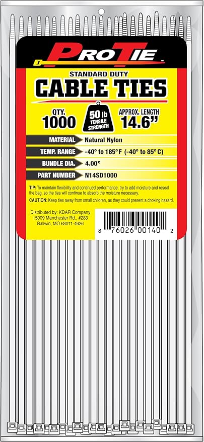Pro Tie Standard Duty, Self-Locking Nylon Cable Wire Ties for Indoor and Outdoor Use | 14.6-Inch, 50 lbs. Tensile Strength, Natural Nylon, 1000-Pack (PN: N14SD1000)