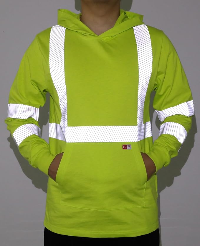 TICOMELA FR Shirts Pullover High Visibility 6oz Lightweight Hi vis Flame Resistant Reflective Hooded Work Shirt
