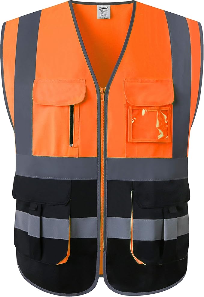 JKSafety 7 Pockets High Visibility Zipper Front Safety Vest With Reflective Strips.Meets ANSI/ISEA Standards (130-Orange-Black L)