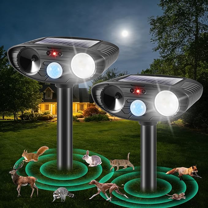 2Pack Solar Ultrasonic Animal Repellent Outdoor Cat,Deer Repellent Devices Squirrel Raccoon Rabbit Deterrent,Waterproof Motion Detection with Flash Light for Vegetable Garden,Backyard,Lawn