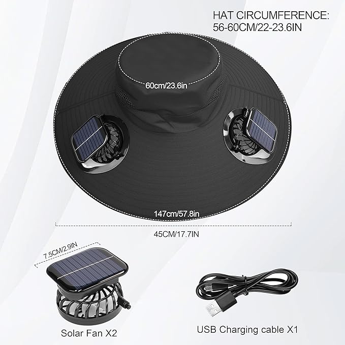 Solar Fan Hat with Detachable Fan, UPF 50+ Wide Brim Sun Hat with Face Mask and Arm Sleeves, 3 Speed USB &Solar Powered Fan